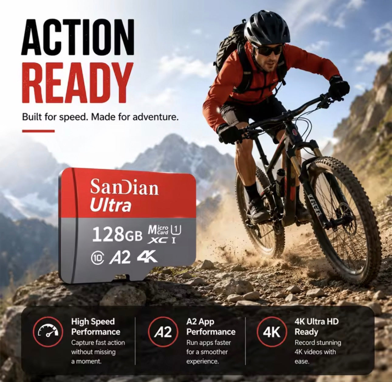 SanDisk Ultra 128GB microSDXC memory card shown in a promotional graphic alongside a mountain biker on a rocky trail. The ad includes the text 'ACTION READY' and feature callouts for high speed, A2 app performance, and 4K Ultra HD readiness.