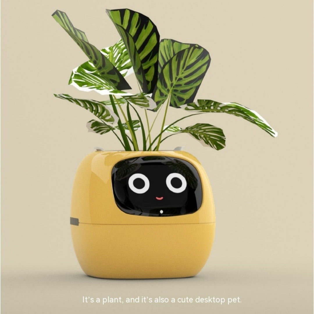 Yellow IVY smart planter with a leafy plant and animated face