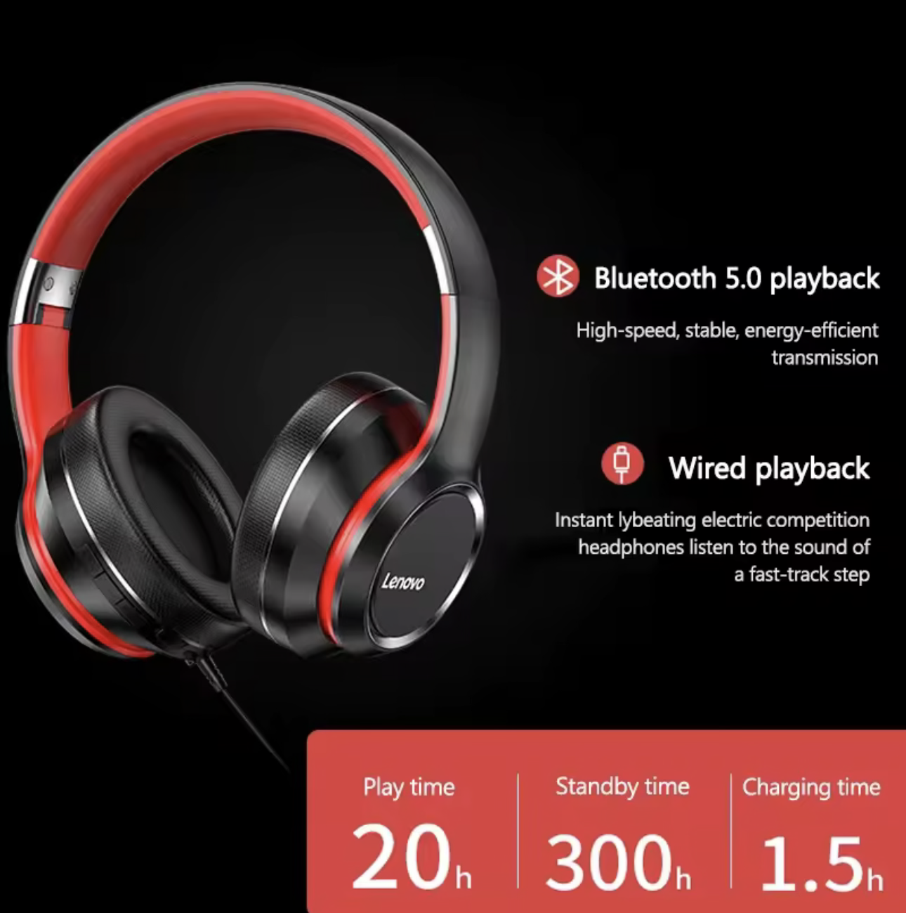 Lenovo HD200 Over-Ear Wireless Bluetooth Headphones – HiFi Stereo Deep Bass Headset
