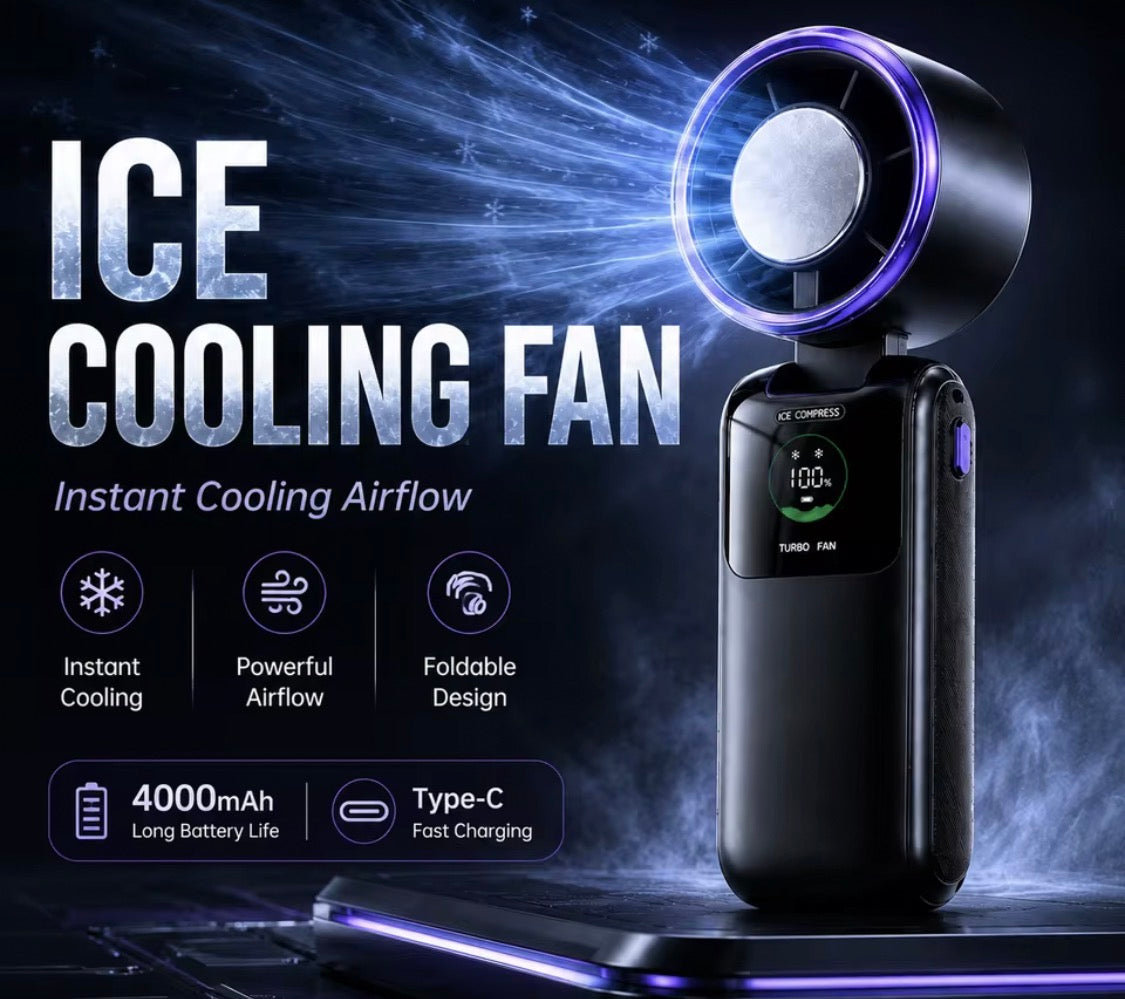Ice Cooling Portable Fan With Neck Strap – 5-Speed Turbo Wind & Foldable Hands-Free Cooling Fan