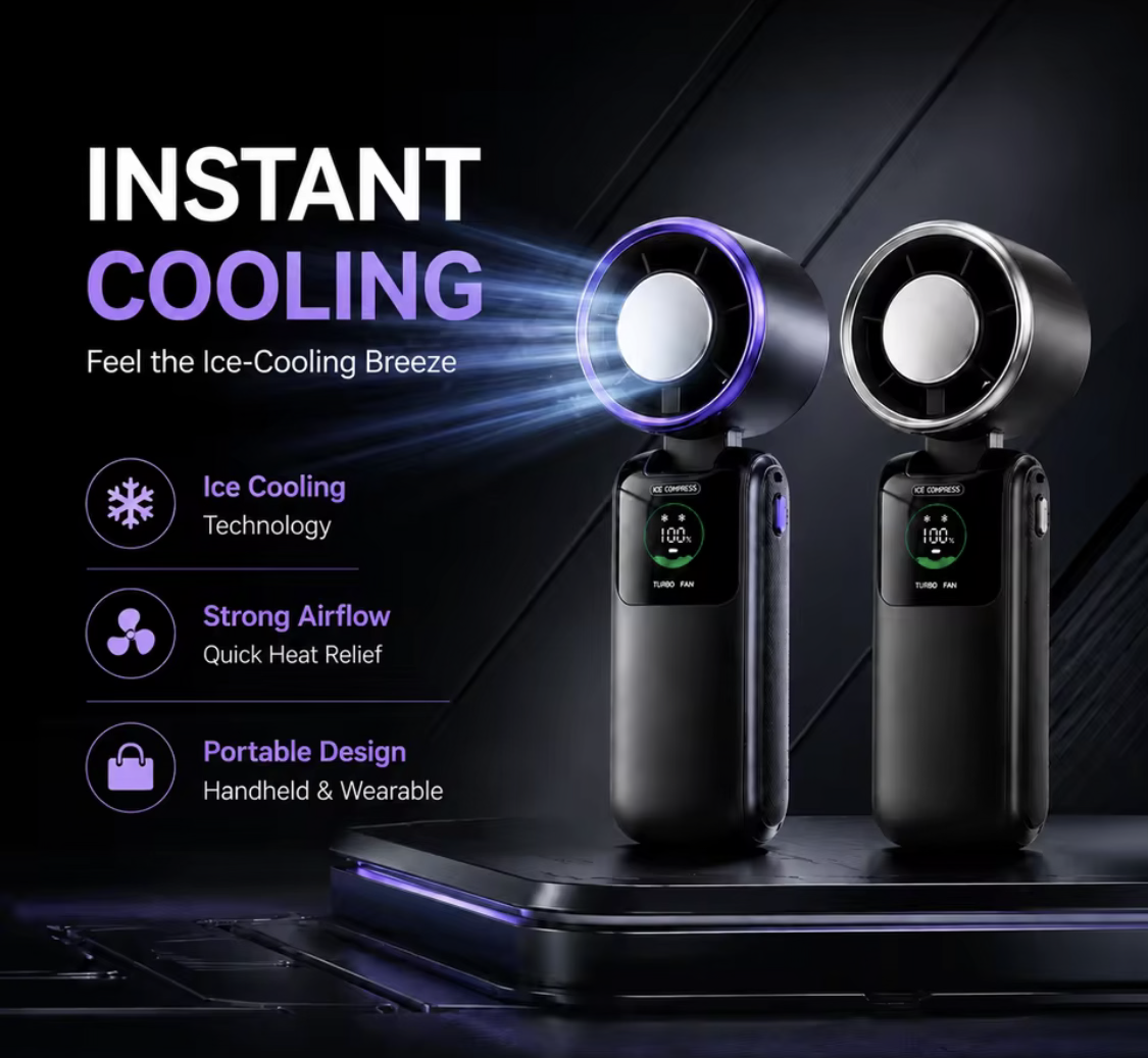 Ice Cooling Portable Fan With Neck Strap – 5-Speed Turbo Wind & Foldable Hands-Free Cooling Fan