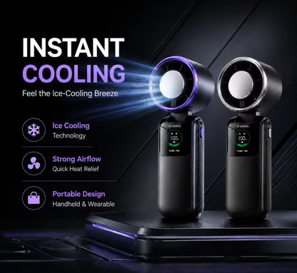 Ice Cooling Portable Fan With Neck Strap – 5-Speed Turbo Wind & Foldable Hands-Free Cooling Fan