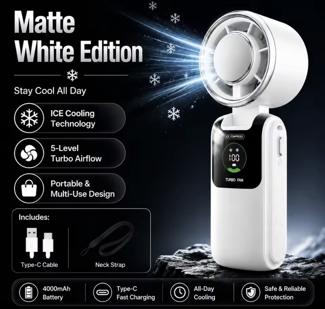 Ice Cooling Portable Fan With Neck Strap – 5-Speed Turbo Wind & Foldable Hands-Free Cooling Fan