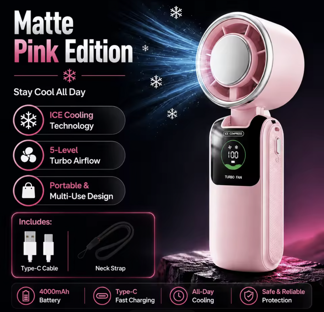 Ice Cooling Portable Fan With Neck Strap – 5-Speed Turbo Wind & Foldable Hands-Free Cooling Fan