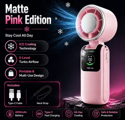 Ice Cooling Portable Fan With Neck Strap – 5-Speed Turbo Wind & Foldable Hands-Free Cooling Fan