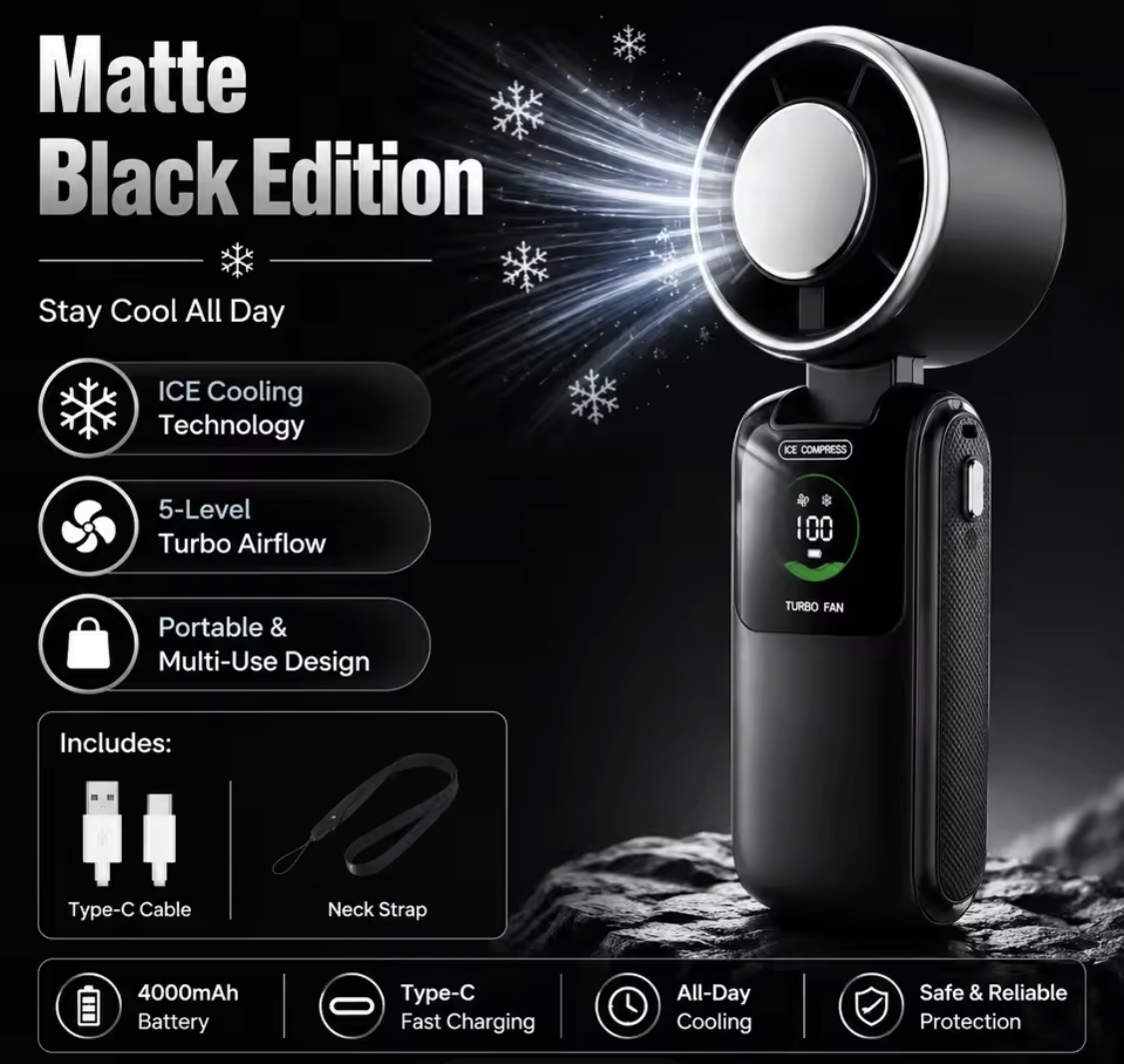 Ice Cooling Portable Fan With Neck Strap – 5-Speed Turbo Wind & Foldable Hands-Free Cooling Fan