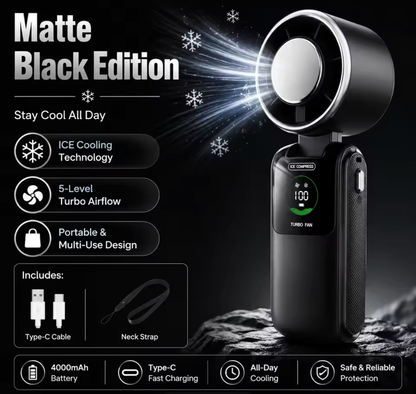 Ice Cooling Portable Fan With Neck Strap – 5-Speed Turbo Wind & Foldable Hands-Free Cooling Fan