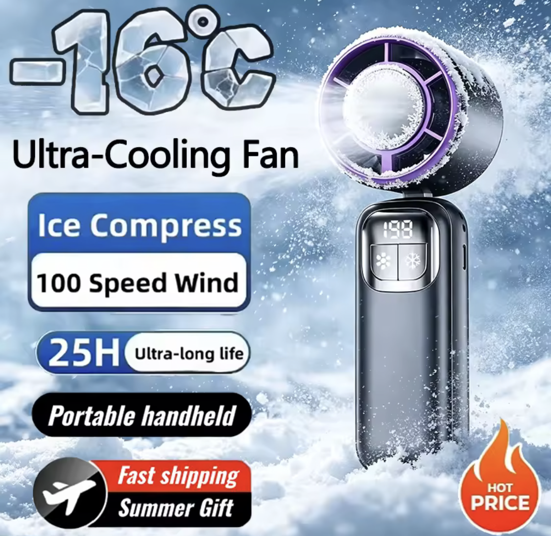 Handheld Ultra-Cooling Turbo Jet Fan – 100 Speed Stepless Control & Fast Chill Ice Compress