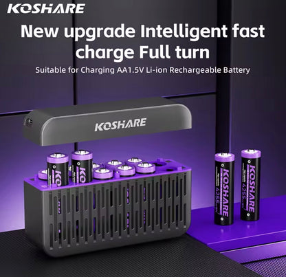 KOSHARE 1.5V AA 4255mWh Rechargeable Lithium Batteries with 8/12-Slot LED Smart Charging Box Set
