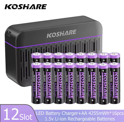 KOSHARE 1.5V AA 4255mWh Rechargeable Lithium Batteries with 8/12-Slot LED Smart Charging Box Set