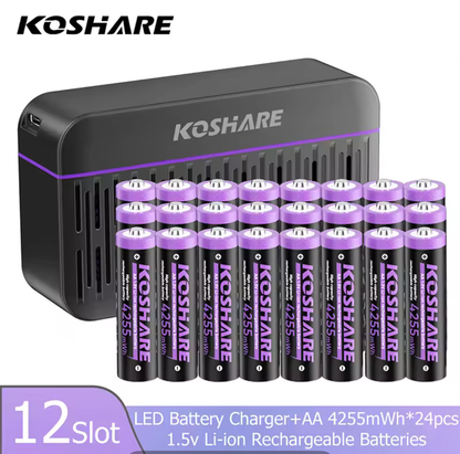 KOSHARE 1.5V AA 4255mWh Rechargeable Lithium Batteries with 8/12-Slot LED Smart Charging Box Set