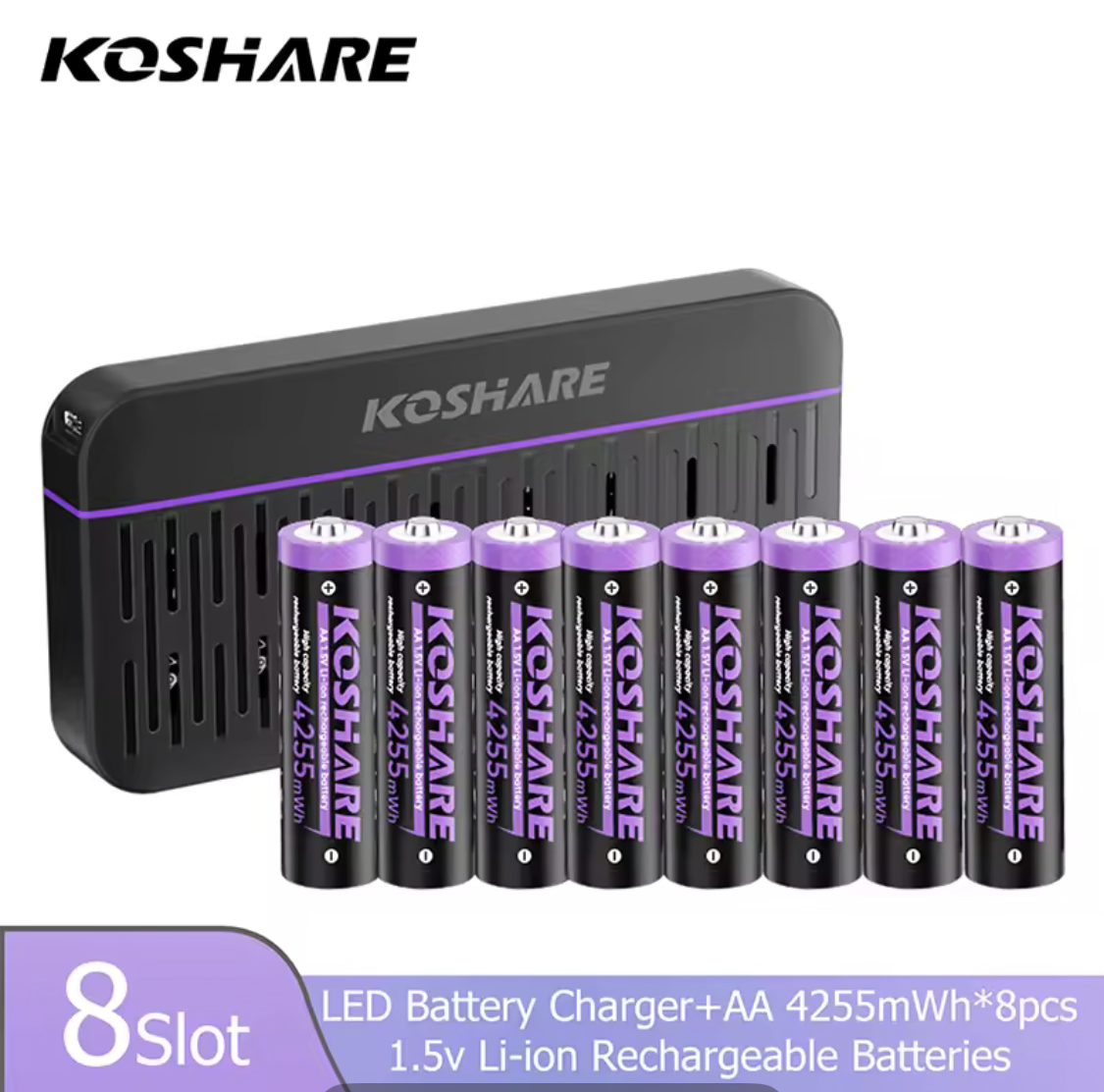 KOSHARE 1.5V AA 4255mWh Rechargeable Lithium Batteries with 8/12-Slot LED Smart Charging Box Set