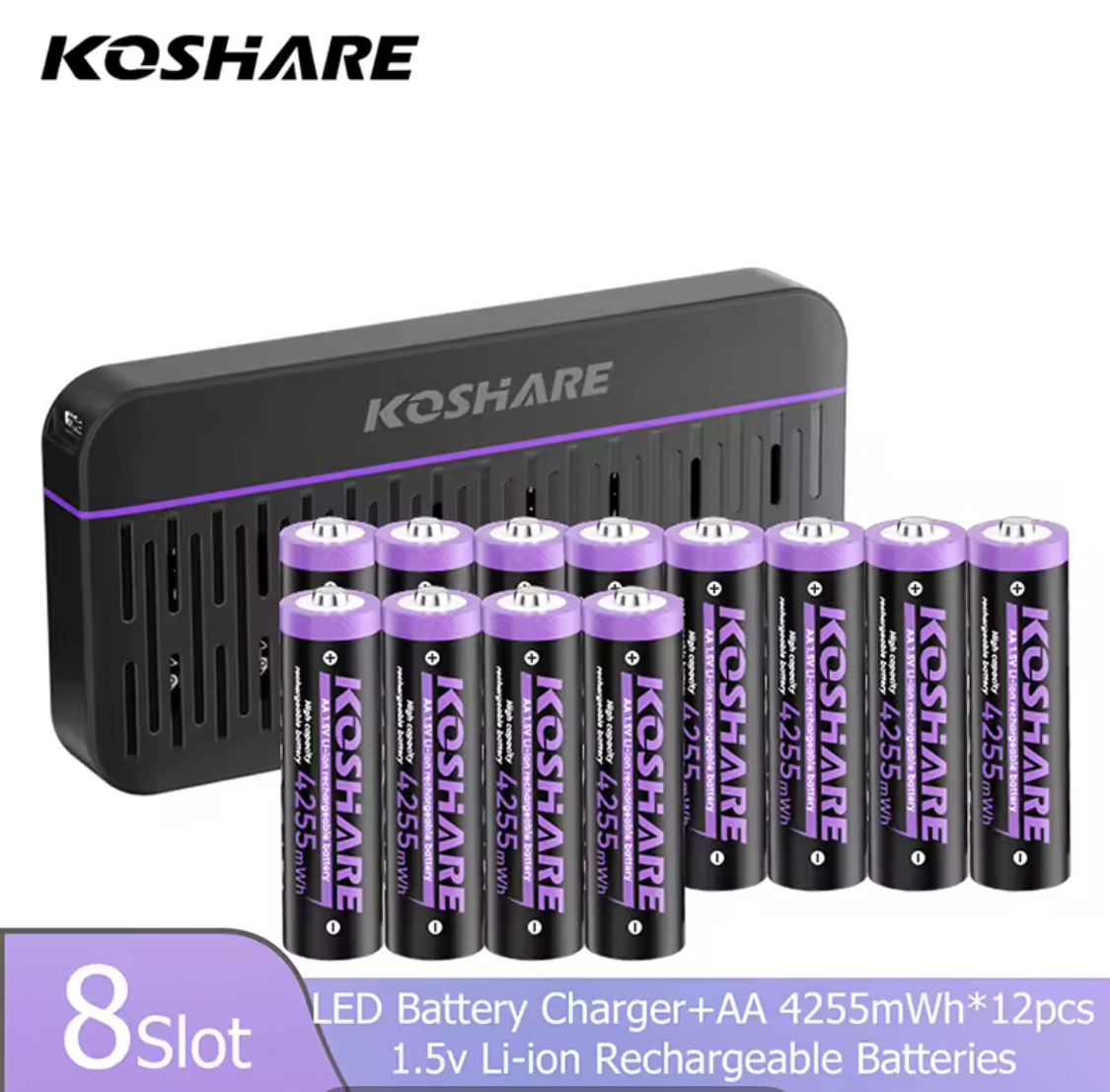 KOSHARE 1.5V AA 4255mWh Rechargeable Lithium Batteries with 8/12-Slot LED Smart Charging Box Set