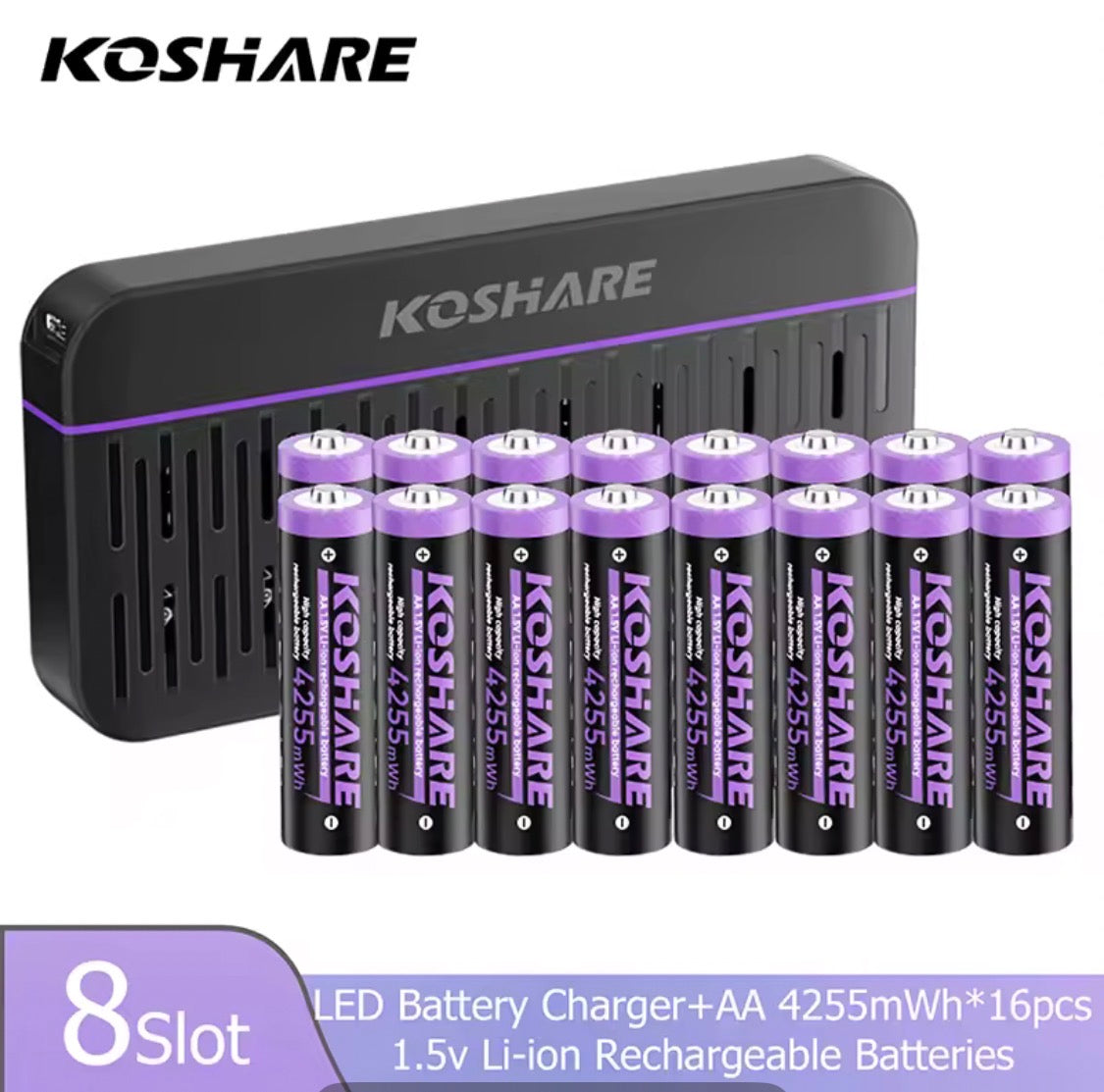KOSHARE 1.5V AA 4255mWh Rechargeable Lithium Batteries with 8/12-Slot LED Smart Charging Box Set