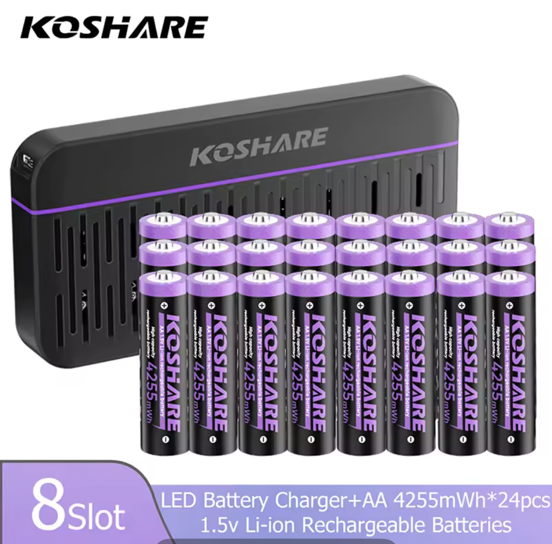 KOSHARE 1.5V AA 4255mWh Rechargeable Lithium Batteries with 8/12-Slot LED Smart Charging Box Set