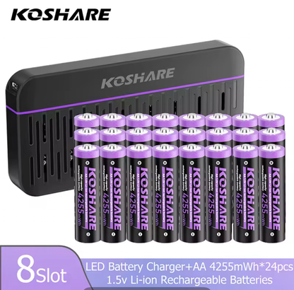 KOSHARE 1.5V AA 4255mWh Rechargeable Lithium Batteries with 8/12-Slot LED Smart Charging Box Set
