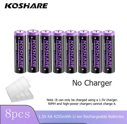 KOSHARE 1.5V AA 4255mWh Rechargeable Lithium Batteries with 8/12-Slot LED Smart Charging Box Set