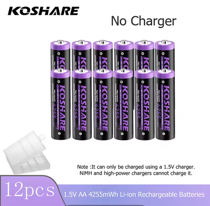 KOSHARE 1.5V AA 4255mWh Rechargeable Lithium Batteries with 8/12-Slot LED Smart Charging Box Set