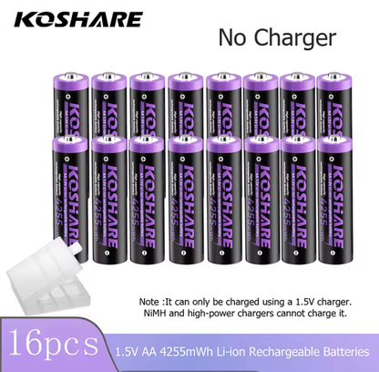 KOSHARE 1.5V AA 4255mWh Rechargeable Lithium Batteries with 8/12-Slot LED Smart Charging Box Set