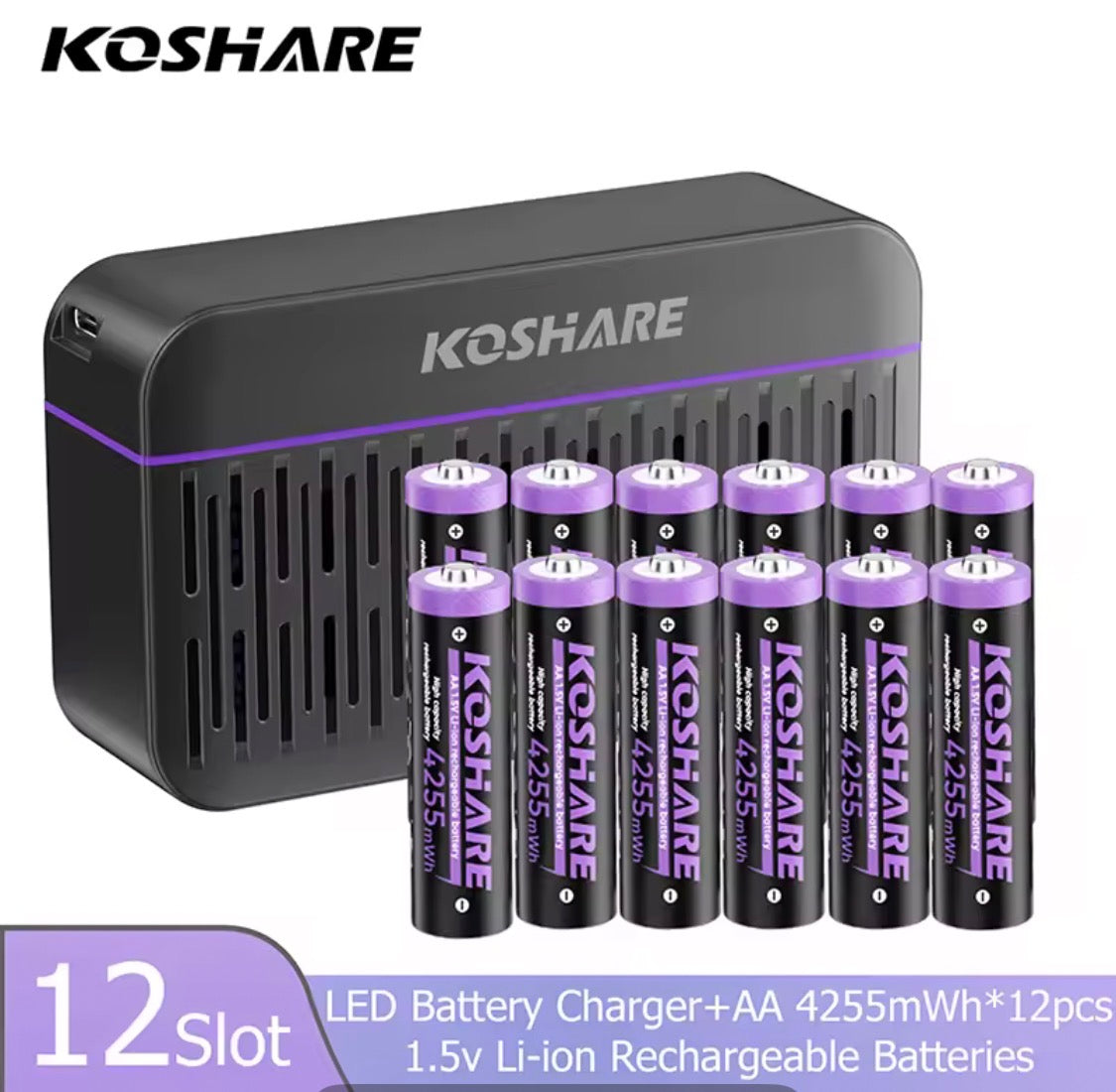 KOSHARE 1.5V AA 4255mWh Rechargeable Lithium Batteries with 8/12-Slot LED Smart Charging Box Set