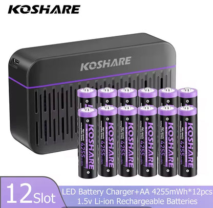 KOSHARE 1.5V AA 4255mWh Rechargeable Lithium Batteries with 8/12-Slot LED Smart Charging Box Set