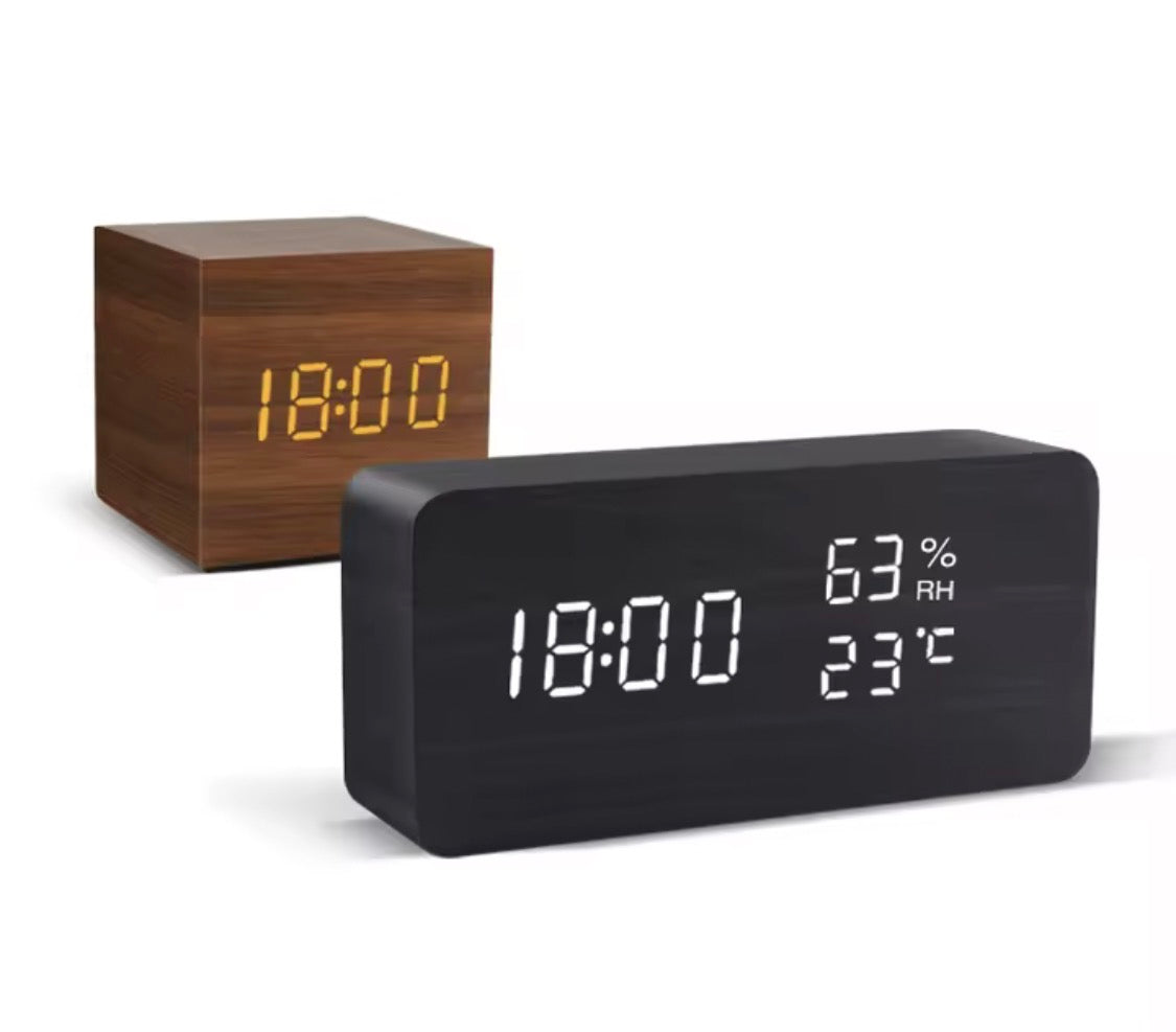 LED Wooden Voice Control Digital Alarm Clock – Modern Minimalist Desktop Clock with Temperature Display