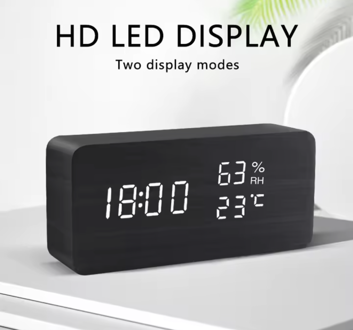 LED Wooden Voice Control Digital Alarm Clock – Modern Minimalist Desktop Clock with Temperature Display