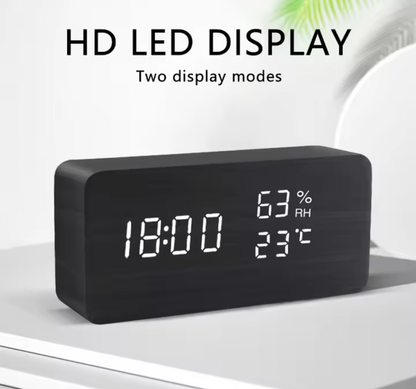 LED Wooden Voice Control Digital Alarm Clock – Modern Minimalist Desktop Clock with Temperature Display