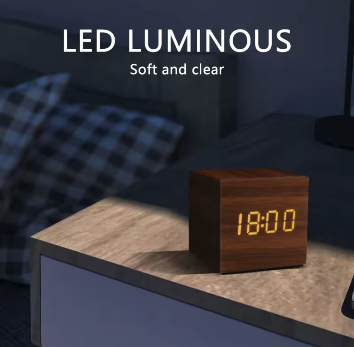 LED Wooden Voice Control Digital Alarm Clock – Modern Minimalist Desktop Clock with Temperature Display