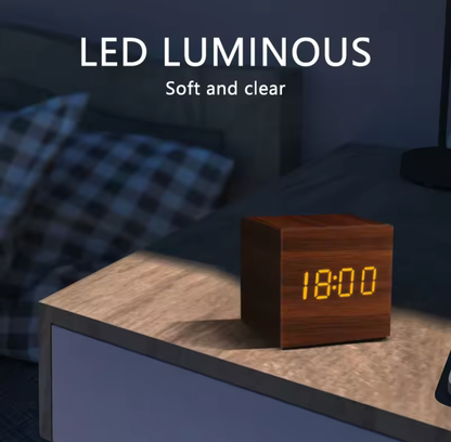LED Wooden Voice Control Digital Alarm Clock – Modern Minimalist Desktop Clock with Temperature Display