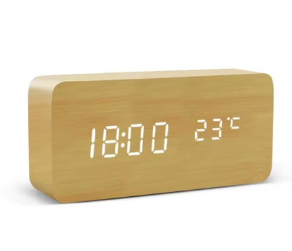 LED Wooden Voice Control Digital Alarm Clock – Modern Minimalist Desktop Clock with Temperature Display