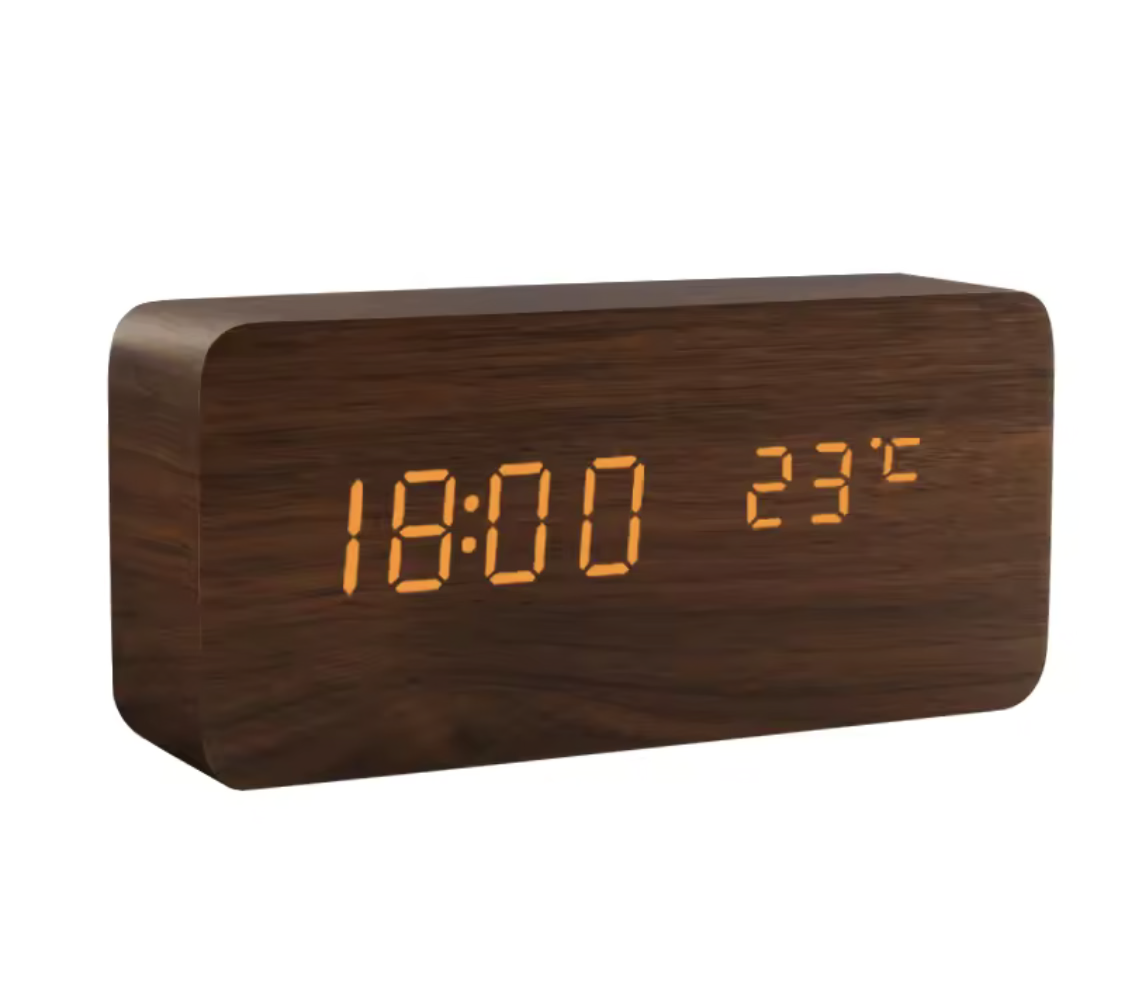 LED Wooden Voice Control Digital Alarm Clock – Modern Minimalist Desktop Clock with Temperature Display