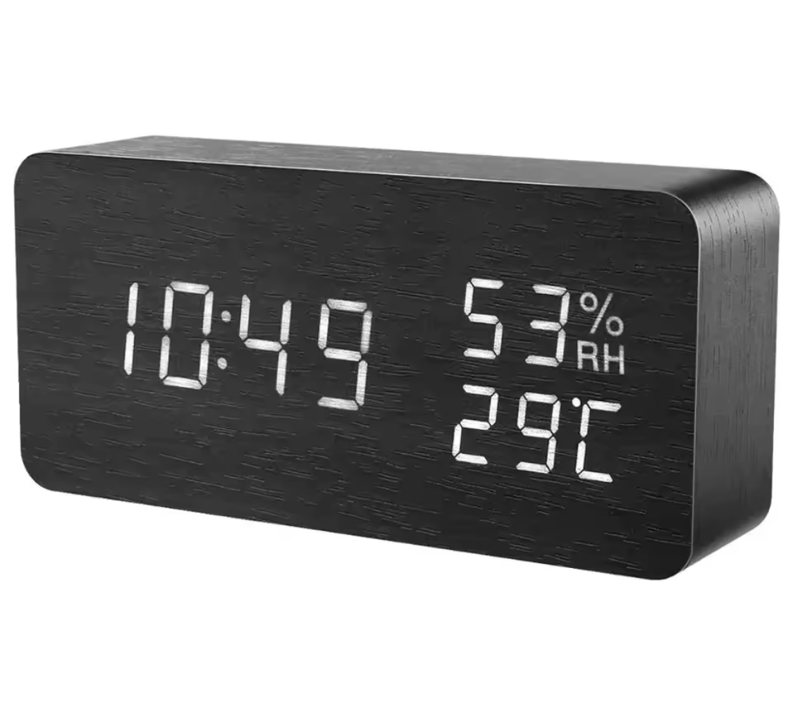 LED Wooden Voice Control Digital Alarm Clock – Modern Minimalist Desktop Clock with Temperature Display