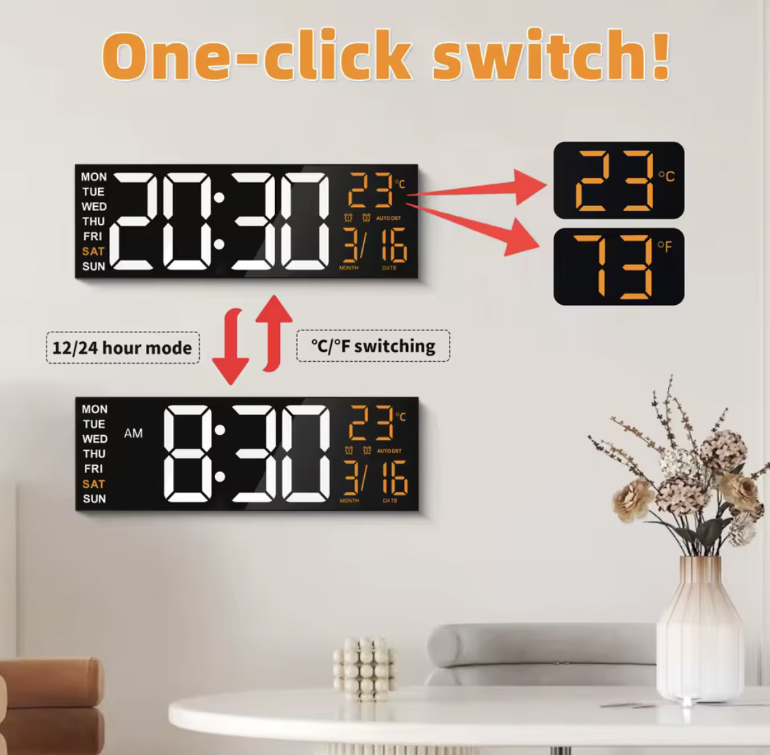 Large Size LED Wall Clock – 8 RGB Color Modes, Night Light, Dual Alarms & Countdown Timer
