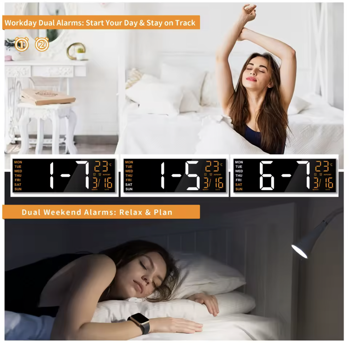 Large Size LED Wall Clock – 8 RGB Color Modes, Night Light, Dual Alarms & Countdown Timer