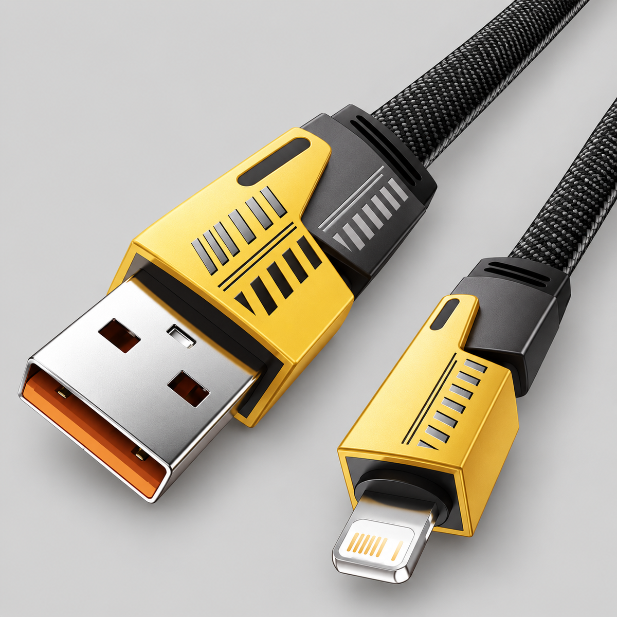 Gold and black braided charging cable with USB-A and Lightning connectors