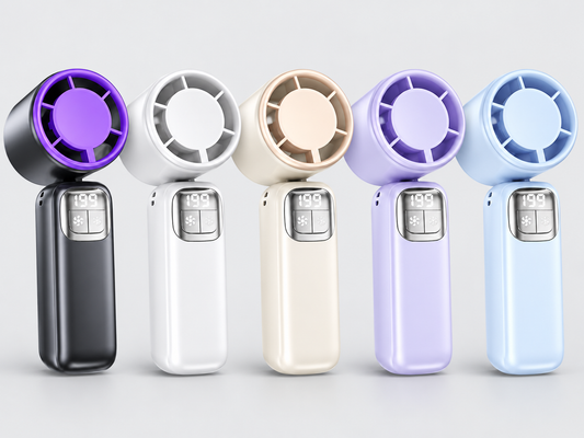 Rechargeable handheld fan shown in five available colours