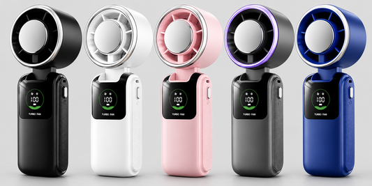 Foldable portable fan shown in five available colours